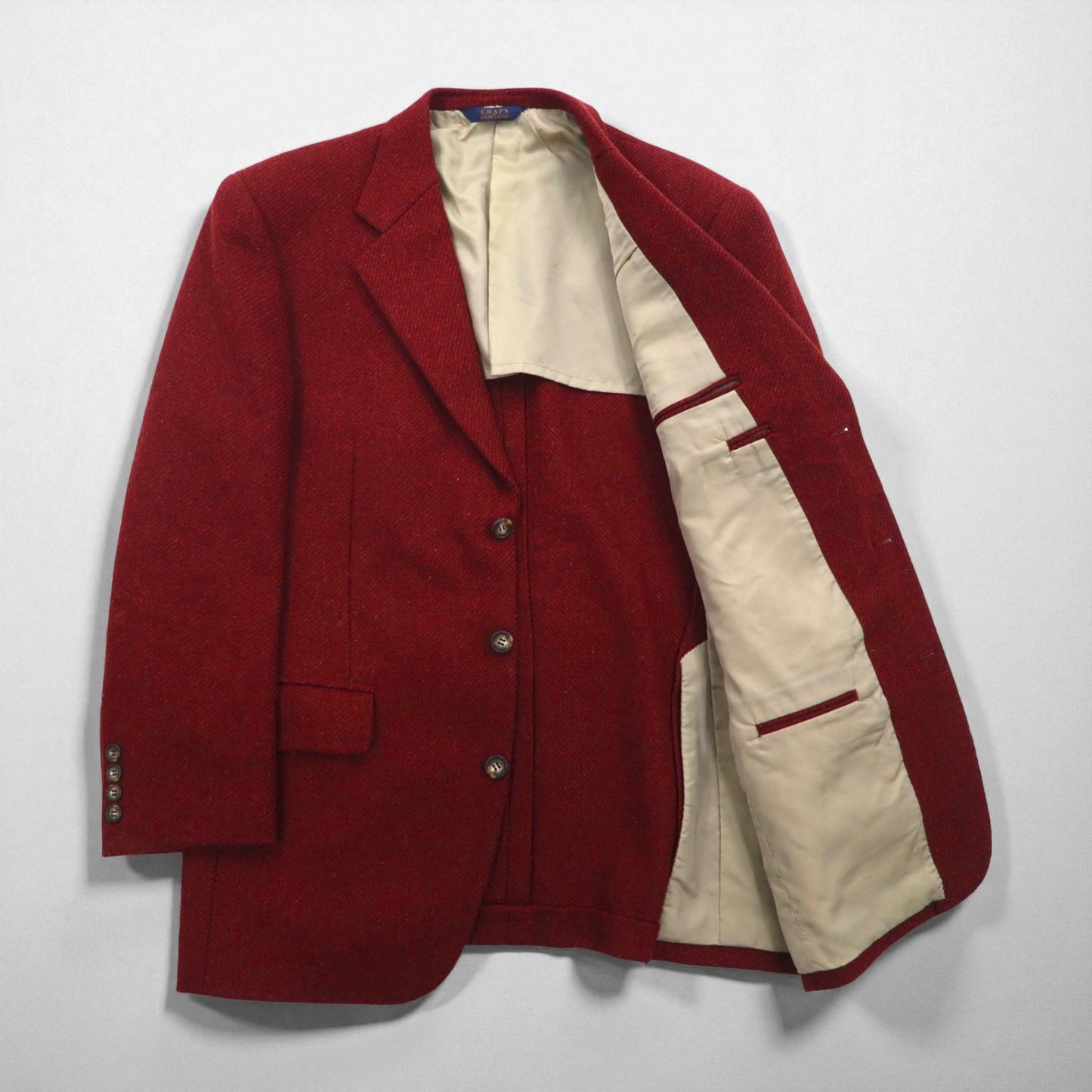 CHAPS RALPH LAUREN 90s Japanese-made tweed 3B tailored jacket, size M, burgundy, wool, alpaca blend