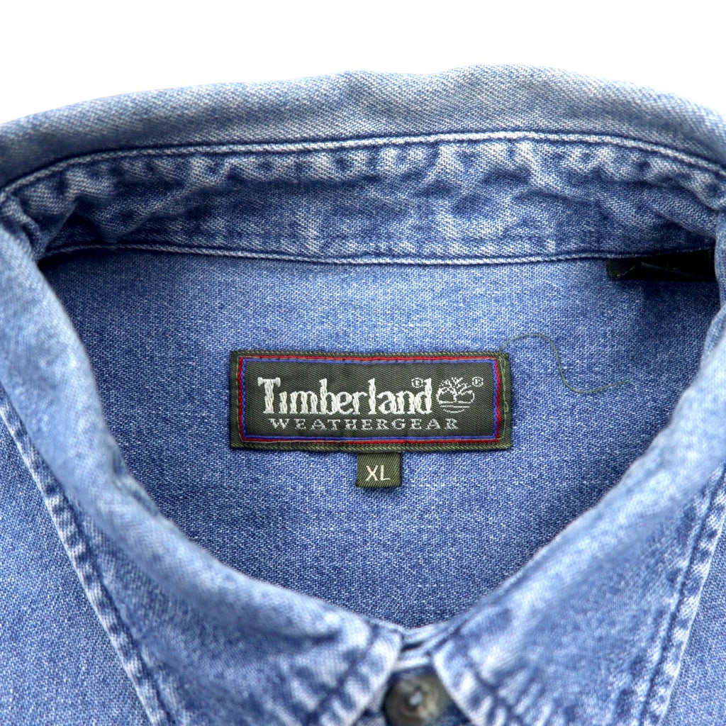 Timberland 90s WEATHER GEAR Denim Shirt XL Blue Cotton One Point Logo Embroidery