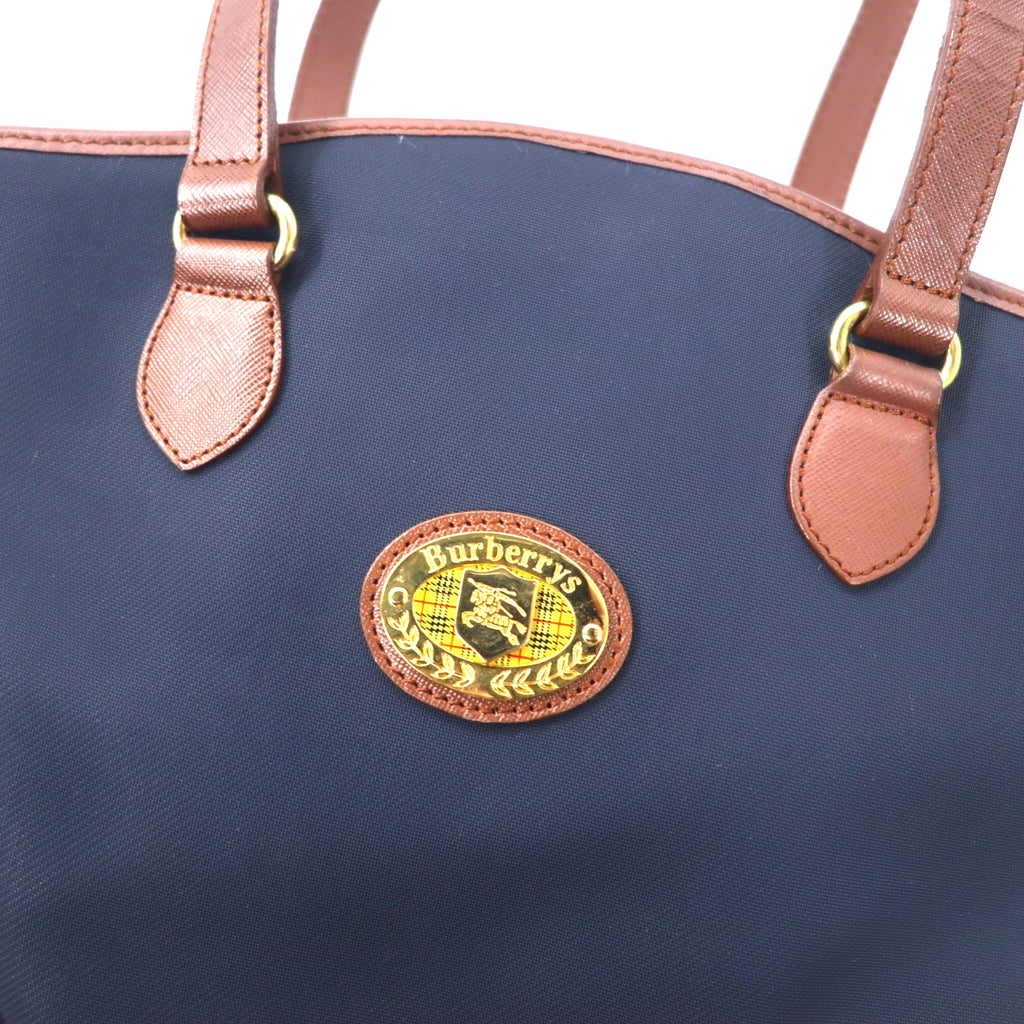 BURBERRY Old Tote Bag Shoulder Bag Navy Nylon Saffiano PVC Nova Check Logo Plate