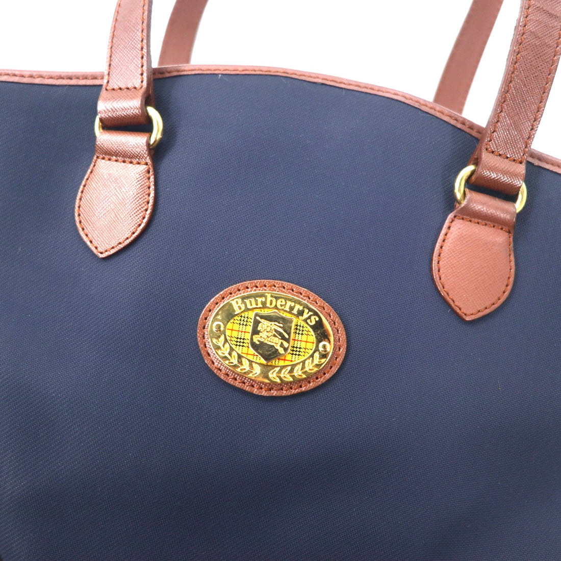 BURBERRY Old Tote Bag Shoulder Bag Navy Nylon Saffiano PVC Nova Check Logo Plate