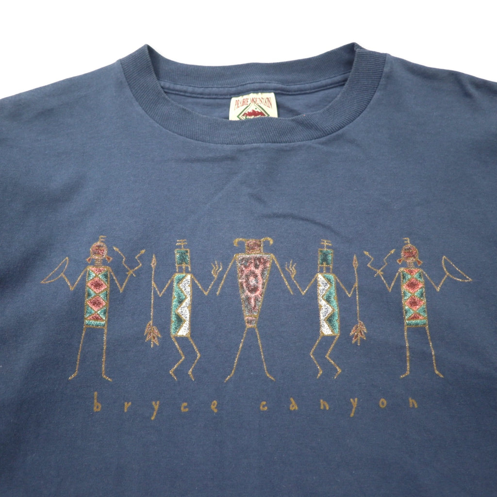 USA製 90年代 PRAIRIE MOUNTAIN インディアン プリント Tシャツ L ネイビー コットン bryce canyon
