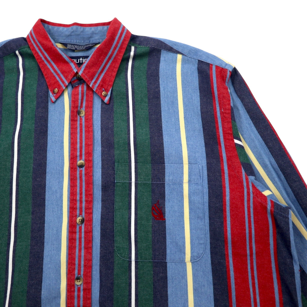 nautica USA made 90s multi-stripe button-down shirt, XL, blue, cotton, one-point embroidery