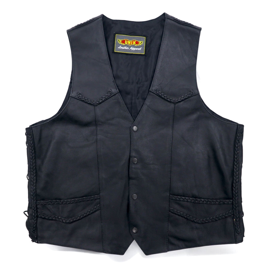 90s UNIK Leather Apparel Leather Vest Biker Vest XL Black Snap Button Lace-up
