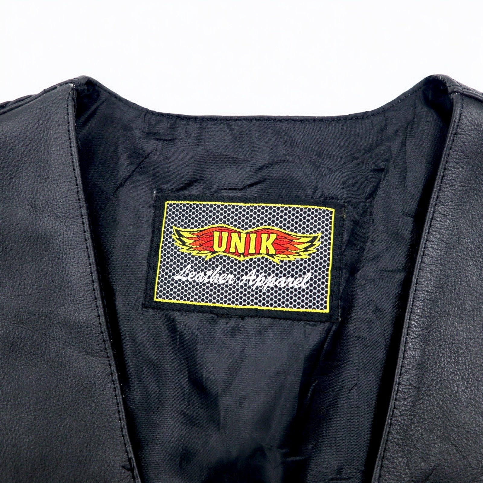 90s UNIK Leather Apparel Leather Vest Biker Vest XL Black Snap Button Lace-up