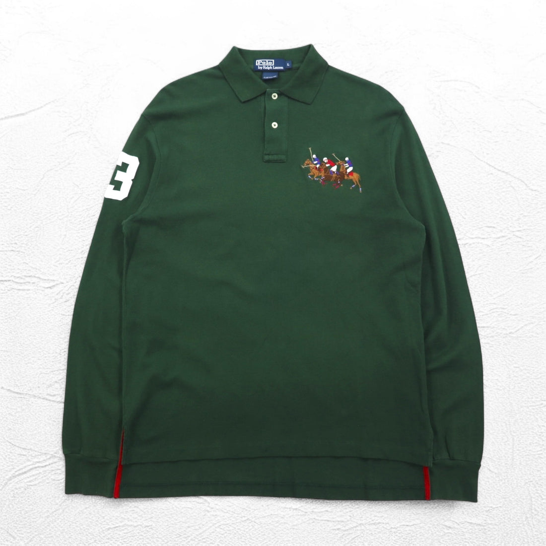 Polo by Ralph Lauren Long Sleeve Polo Shirt Rugby Shirt L Green Pique CUSTOM FIT Embroidery Numbering