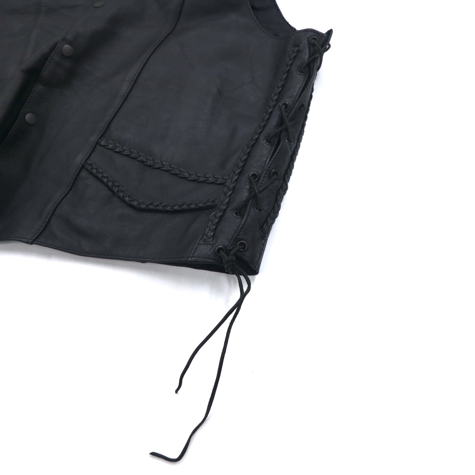 90s UNIK Leather Apparel Leather Vest Biker Vest XL Black Snap Button Lace-up