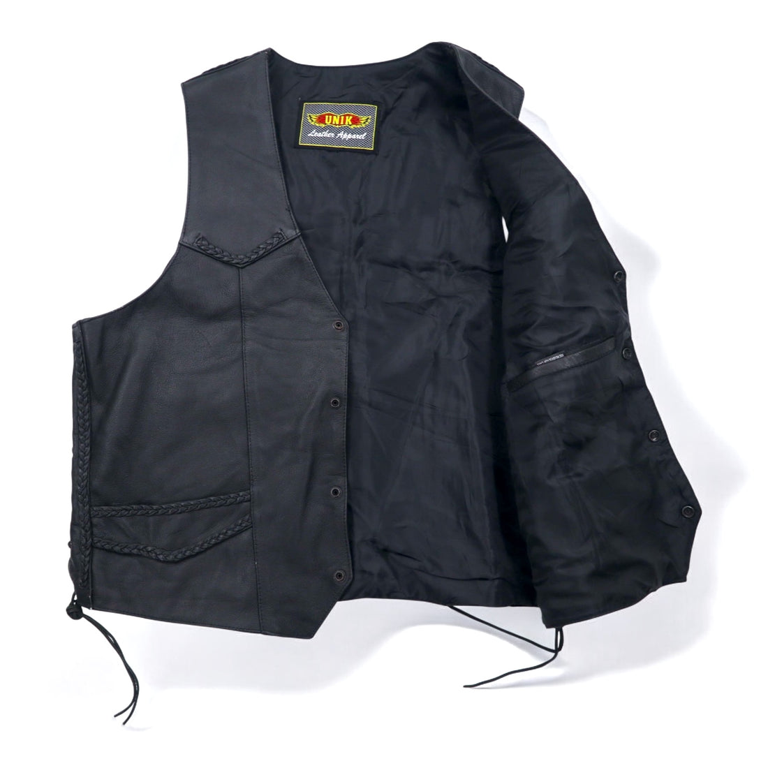 90年代 UNIK Leather Apparel レザーベスト バイカーベスト XL ブラック スナップボタン レースアップ 編み上げ