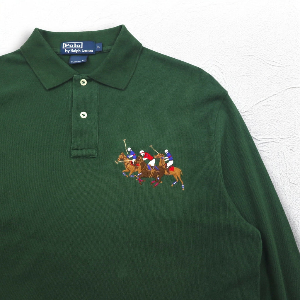 Polo by Ralph Lauren Long Sleeve Polo Shirt Rugby Shirt L Green Pique CUSTOM FIT Embroidery Numbering