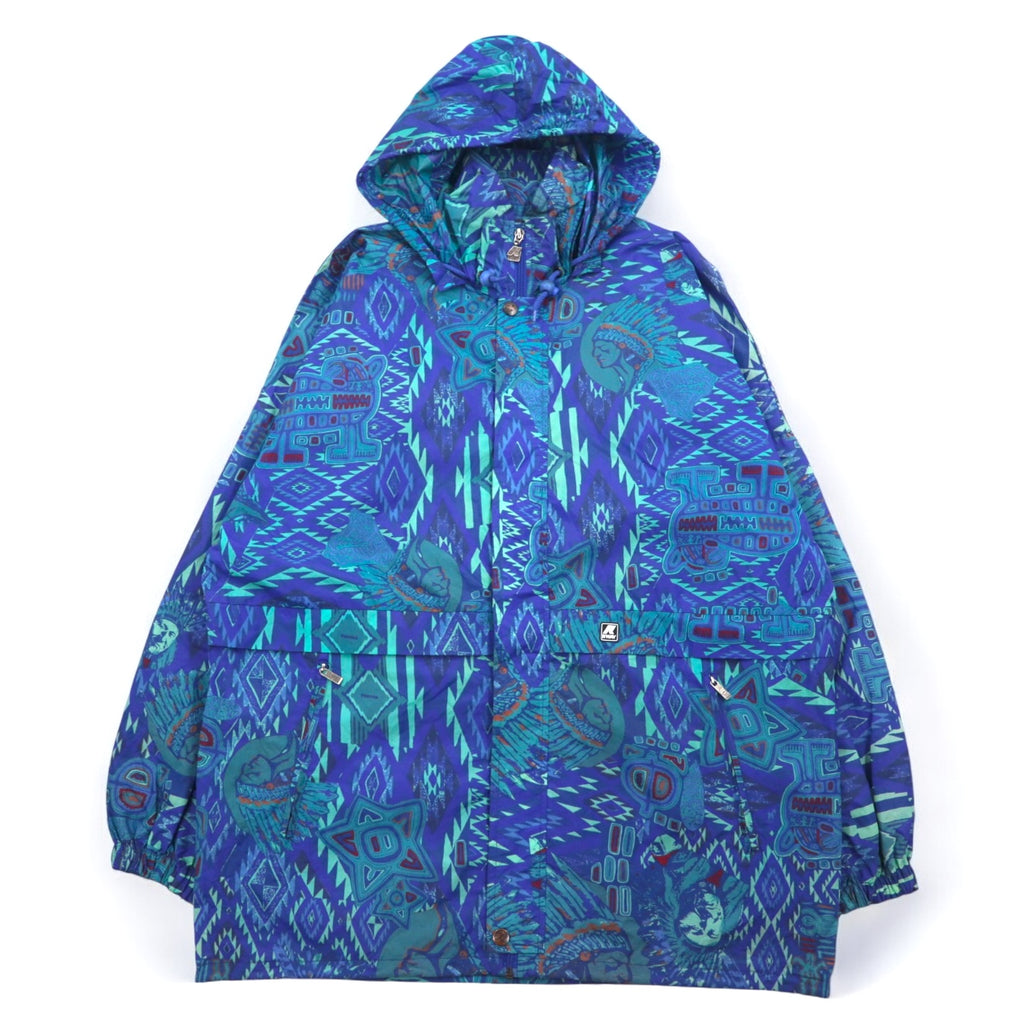 K-WAY 90s stowable hood packable nylon jacket hoodie XL blue all-over pattern native print Indian