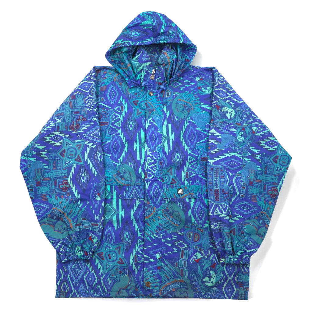K-WAY 90s stowable hood packable nylon jacket hoodie XL blue all-over pattern native print Indian