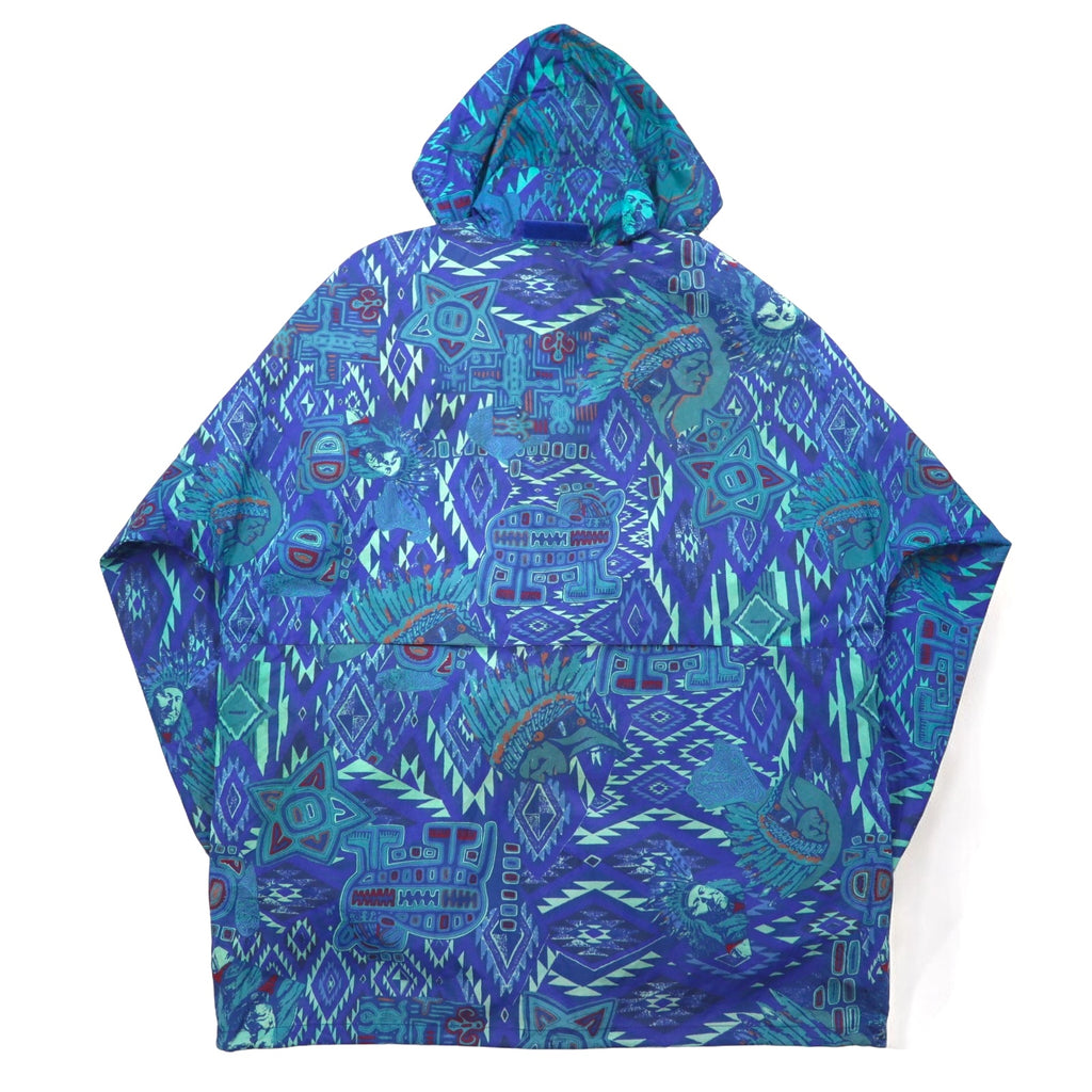 K-WAY 90s stowable hood packable nylon jacket hoodie XL blue all-over pattern native print Indian