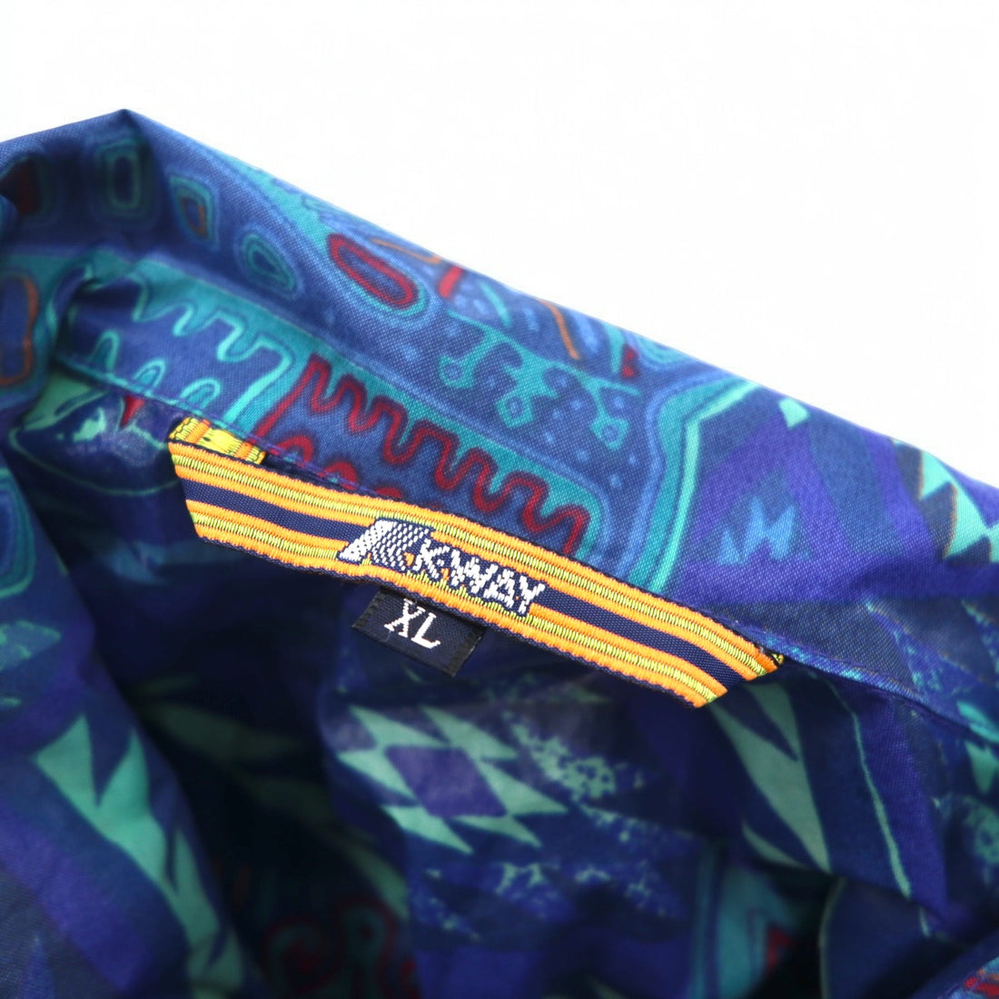 K-WAY 90s stowable hood packable nylon jacket hoodie XL blue all-over pattern native print Indian