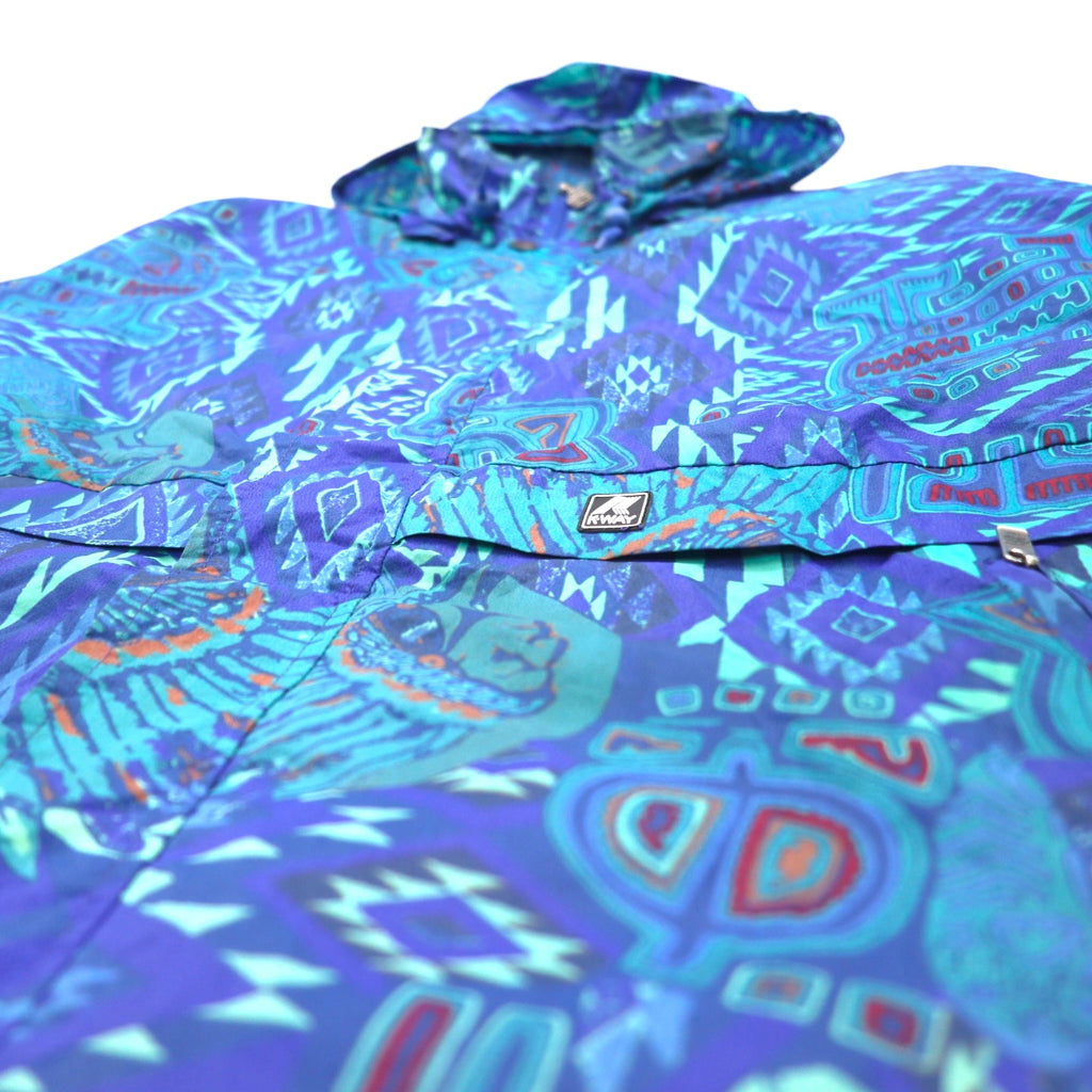 K-WAY 90s stowable hood packable nylon jacket hoodie XL blue all-over pattern native print Indian
