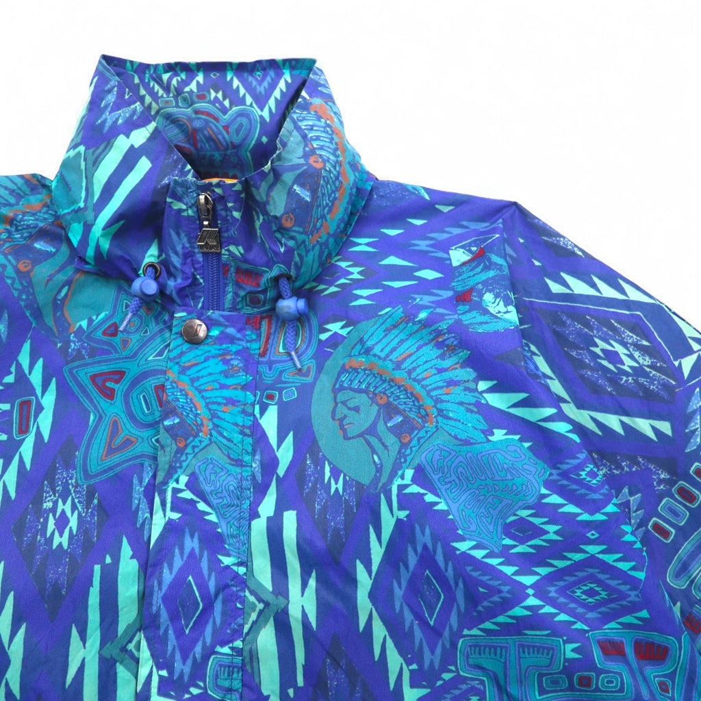 K-WAY 90s stowable hood packable nylon jacket hoodie XL blue all-over pattern native print Indian
