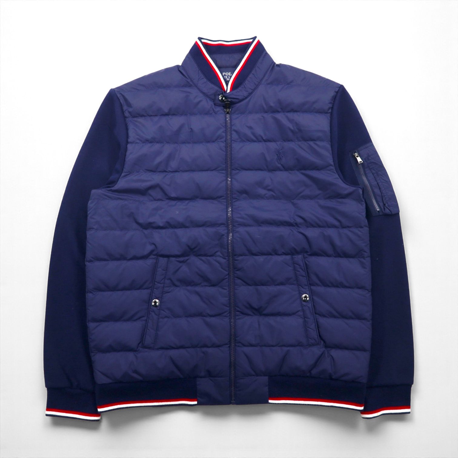 Polo Ralph Lauren Performance Quilted Down Jacket, Size M, Navy, Nylon Paneling, Ribbed Lines