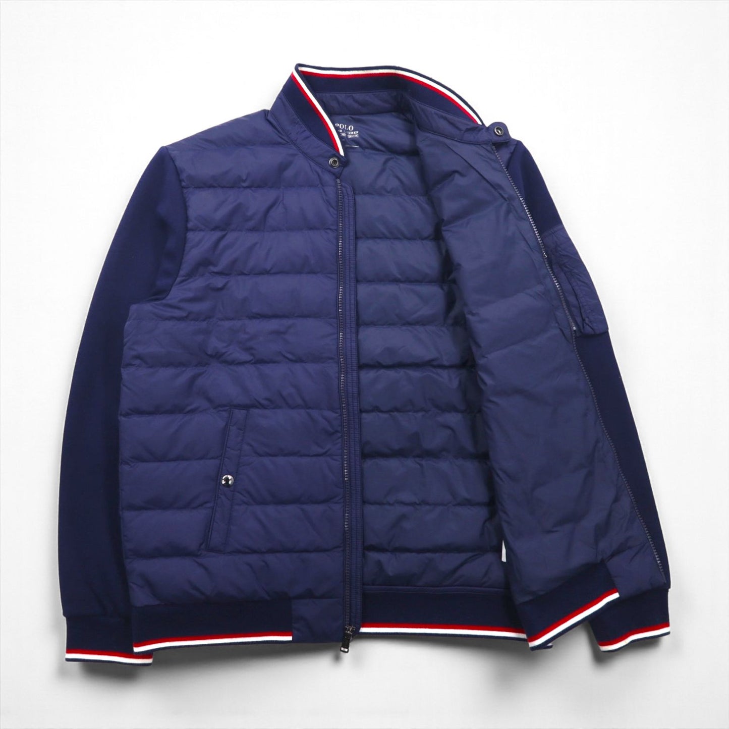 Polo Ralph Lauren Performance Quilted Down Jacket, Size M, Navy, Nylon Paneling, Ribbed Lines