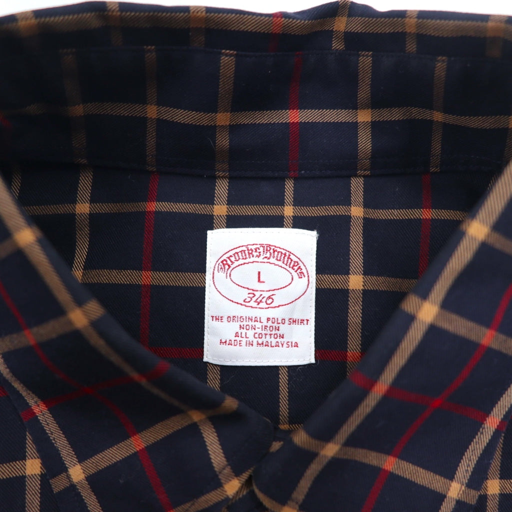 Brooks Brothers 346 Button-Down Shirt, Large, Navy, Check, Cotton, Big Size, Non-Iron
