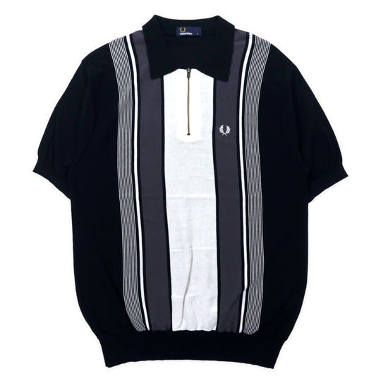 日本然リトテ-古着オンライン-FRED PERRY オーバーサイズ ハーフジップ ニット ポロシャツ S ブラック ストライプ コットン ワンポイントロゴ刺繍-Fred PERRY Over -size Half zip knit polo shirt S Black Striped Cotton One Point Logo embroidery