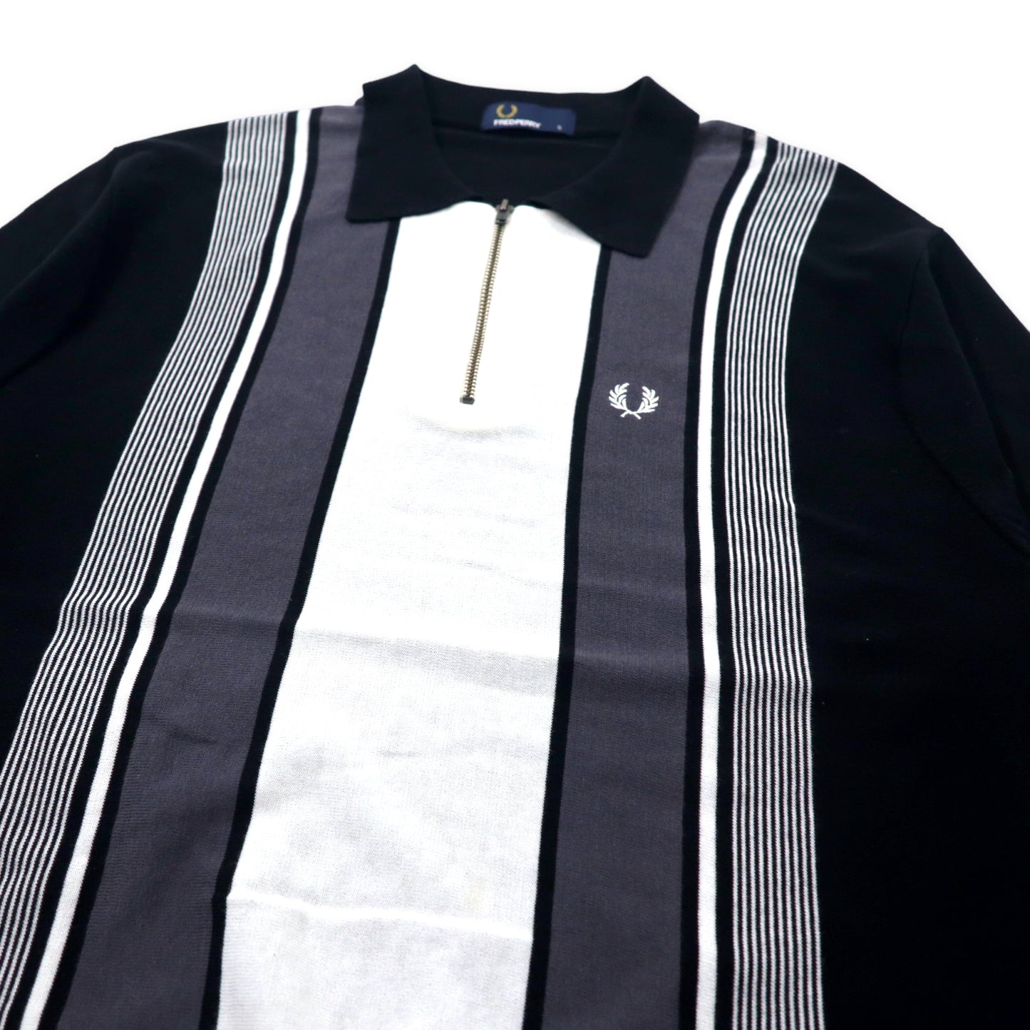 FRED PERRY オーバーサイズ ハーフジップ ニット ポロシャツ S ブラック ストライプ コットン ワンポイントロゴ刺繍
