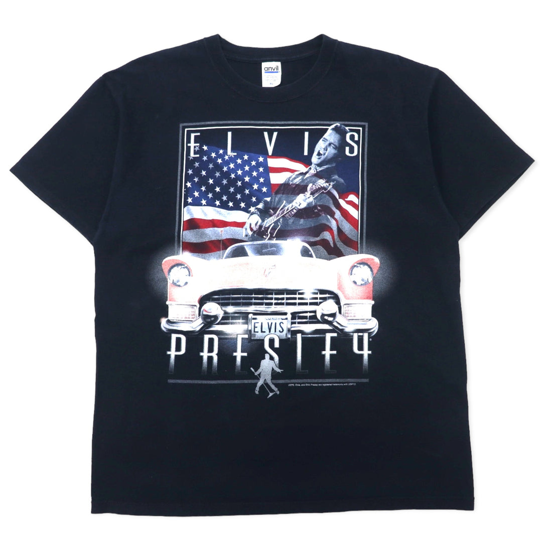 日本然リトテ-古着オンライン-ELVIS PRESLEY エルヴィス プレスリー バンド Tシャツ XL ブラック コットン 星条旗 anvilボディ ビッグサイズ ホンジュラス製-ELVIS PRESLEY Elvis Presley Band T-Shirt XL Black Cotton Stars and Stripes Anvil Body Big Size Honduras Made