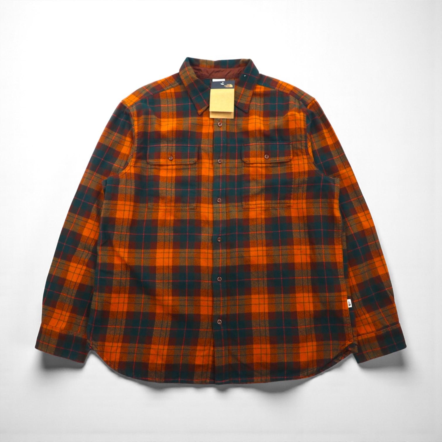 The North Face Arroyo Flannel Shirt, Size XL, Orange Check, Double Pocket, NF0A4QPJ, Unused, US Standard