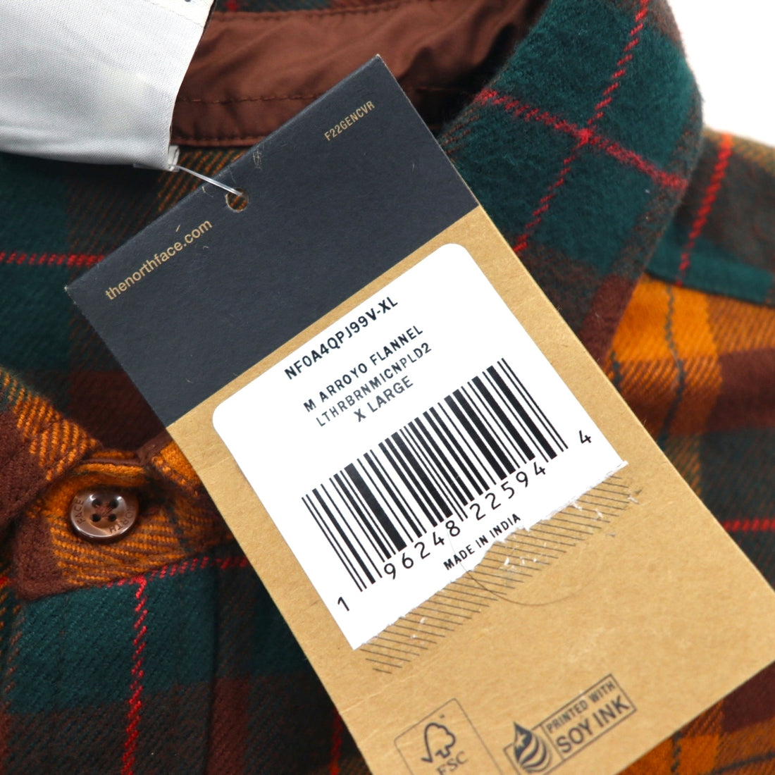 The North Face Arroyo Flannel Shirt, Size XL, Orange Check, Double Pocket, NF0A4QPJ, Unused, US Standard