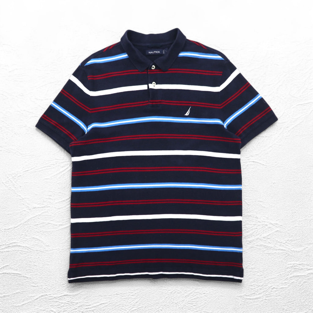 NAUTICA Striped Polo Shirt L Navy Cotton Pique One Point Logo Embroidery