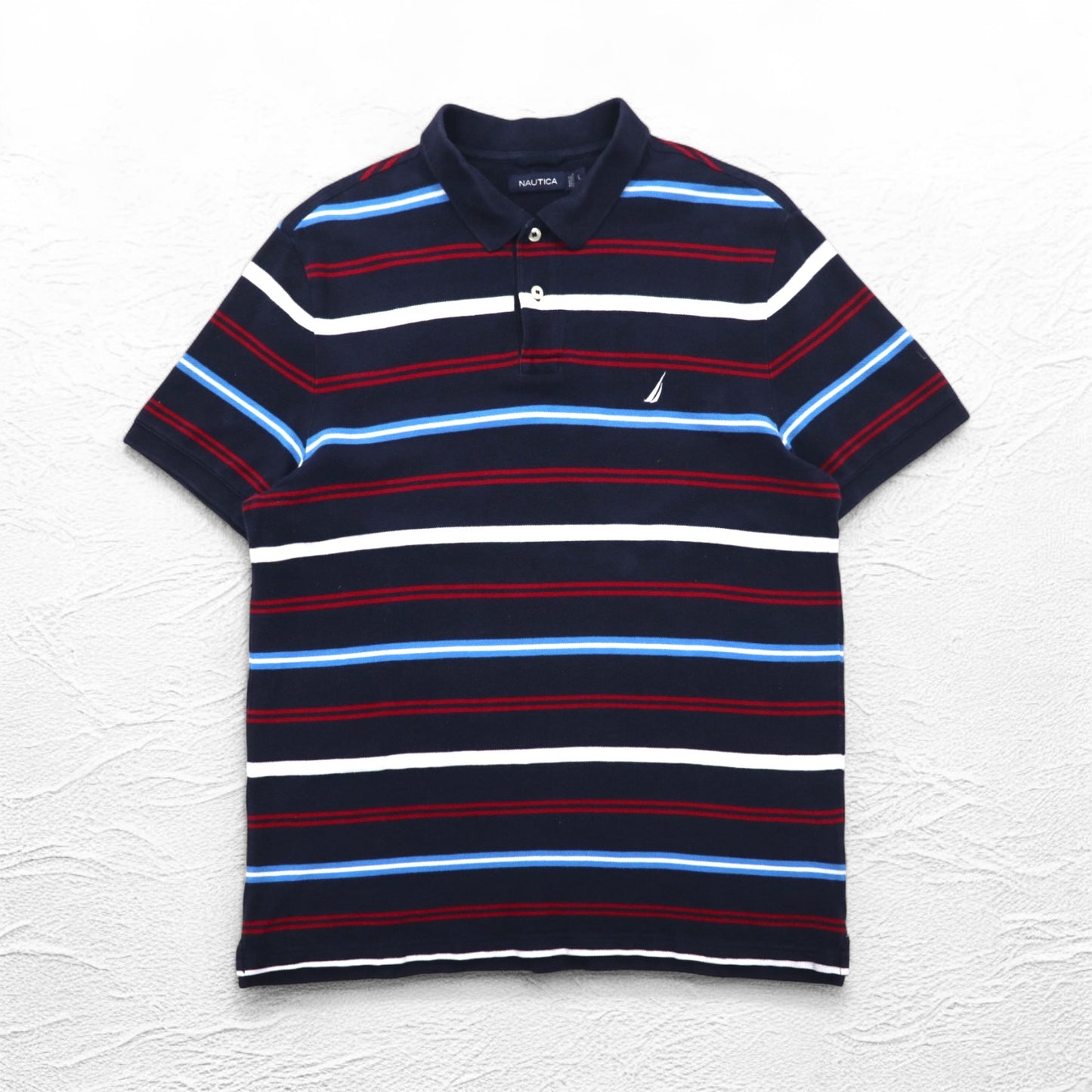 NAUTICA ボーダー ポロシャツ L ネイビー コットン 鹿の子 ワンポイントロゴ刺繍