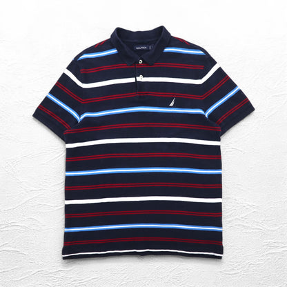 NAUTICA ボーダー ポロシャツ L ネイビー コットン 鹿の子 ワンポイントロゴ刺繍