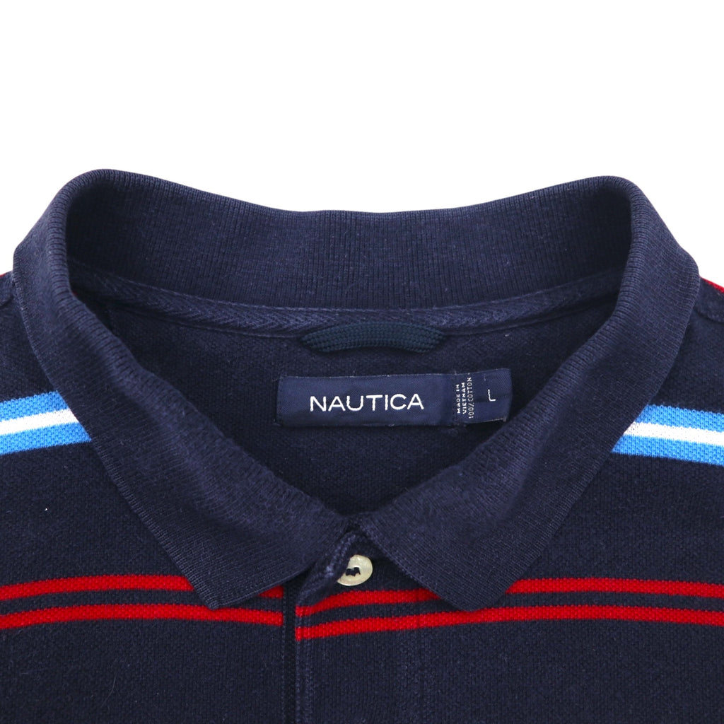 NAUTICA Striped Polo Shirt L Navy Cotton Pique One Point Logo Embroidery