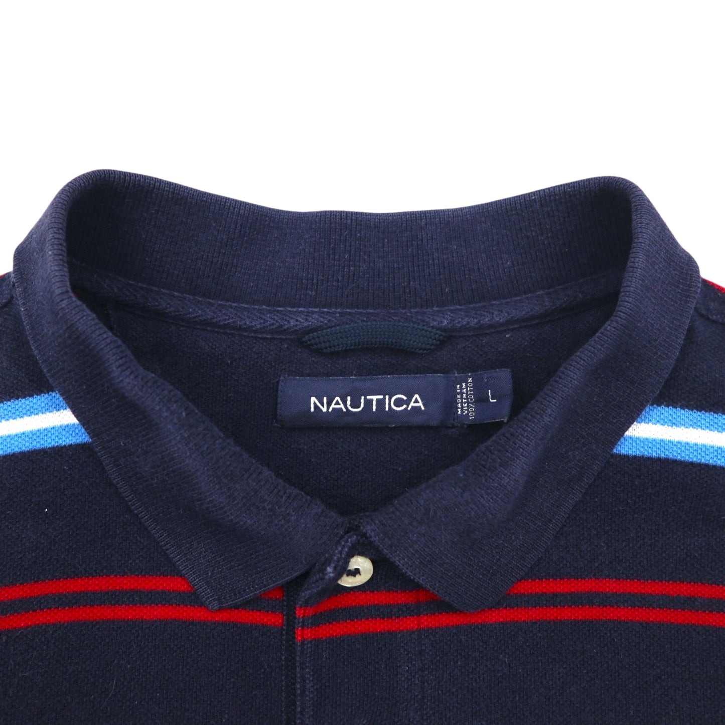 NAUTICA ボーダー ポロシャツ L ネイビー コットン 鹿の子 ワンポイントロゴ刺繍