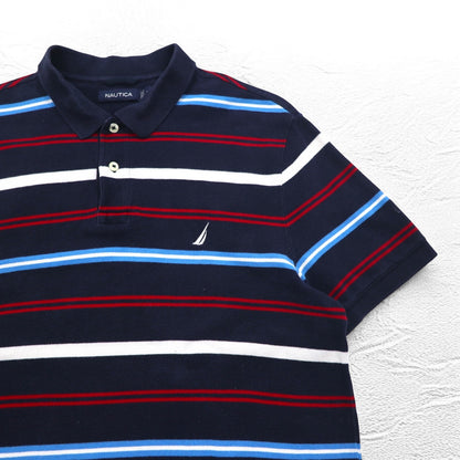 NAUTICA ボーダー ポロシャツ L ネイビー コットン 鹿の子 ワンポイントロゴ刺繍