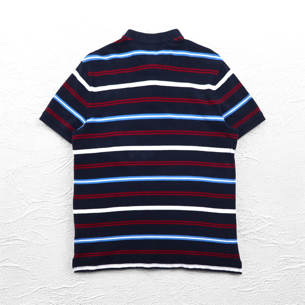 NAUTICA Striped Polo Shirt L Navy Cotton Pique One Point Logo Embroidery