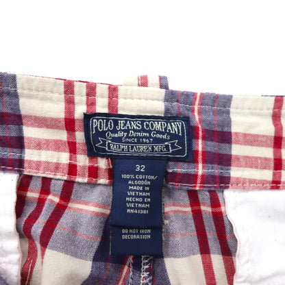 POLO JEANS COMPANY. RALPH LAUREN 90年代 ショート カーゴパンツ ハーフパンツ L レッド ホワイト ネイビー チェック コットン