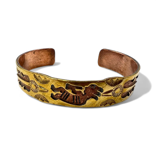 日本然リトテ-古着オンライン-NAVAJO Vintage Indian Bracelet ナバホ族 インディアンジュエリー バングル GF 真鍮 ゴールド Jefferson Lee JL刻印 ココペリ スタンプワーク エンボス-NAVAJO Vintage Indian Bracelet Navajo Indian Jewelry Bangle GF Brass Gold Jefferson Lee JL Engraved Kokopelli Stampwork Embossed