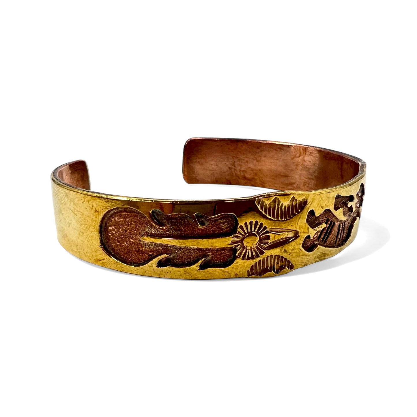 NAVAJO Vintage Indian Bracelet ナバホ族 インディアンジュエリー バングル GF 真鍮 ゴールド Jefferson Lee JL刻印 ココペリ スタンプワーク エンボス