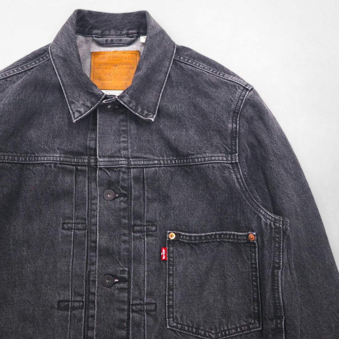 Levi's PREMIUM 1stタイプ ビッグE デニムジャケット Gジャン M ブラック TYPE1 TRUCKER JACKET シンチバック ビッグサイズ ダブルプリーツ RELAXED A3174-0000