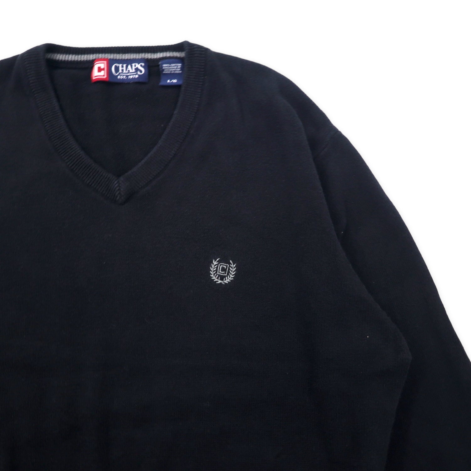 CHAPS V neck knit sweater l navy cotton one -point logo embroidery