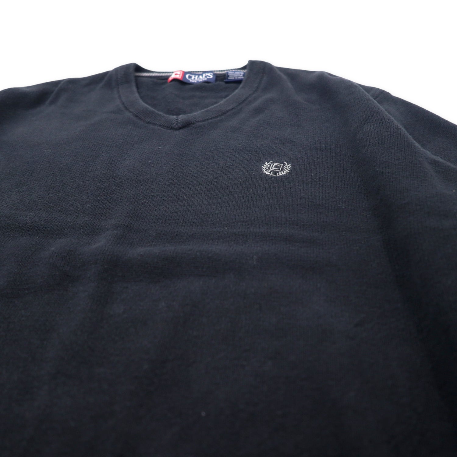 CHAPS V neck knit sweater l navy cotton one -point logo embroidery