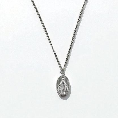 Vintage Virgin Mary Medal Silver Necklace, Virgin Mary Oval Coin Necklace, 925 Silver, Italy, with Curb Chain