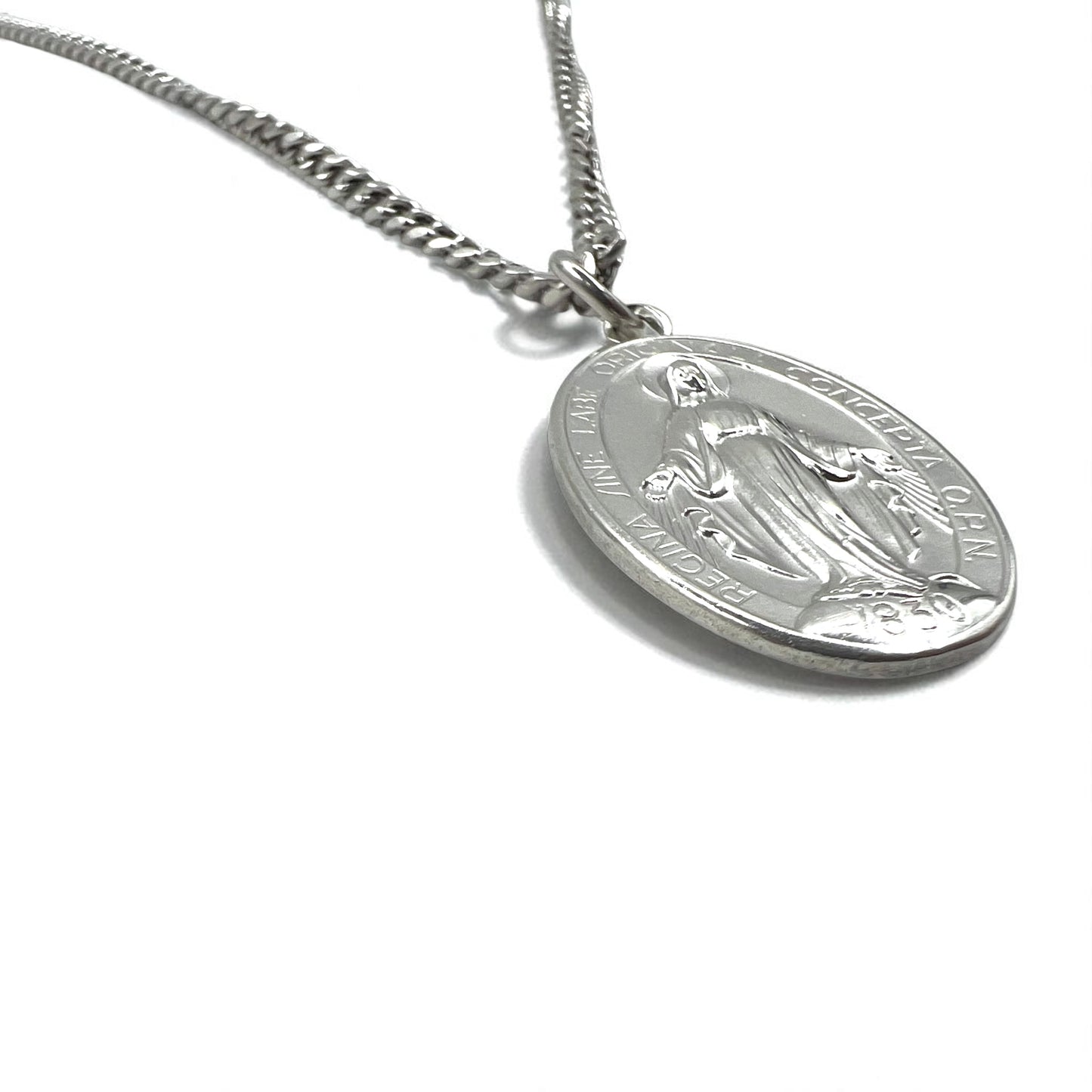 Vintage Virgin Mary Medal Silver Necklace, Virgin Mary Oval Coin Necklace, 925 Silver, Italy, with Curb Chain