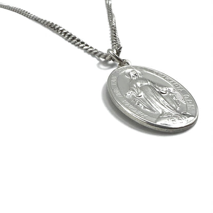 Vintage Virgin Mary Medal Silver Necklace, Virgin Mary Oval Coin Necklace, 925 Silver, Italy, with Curb Chain