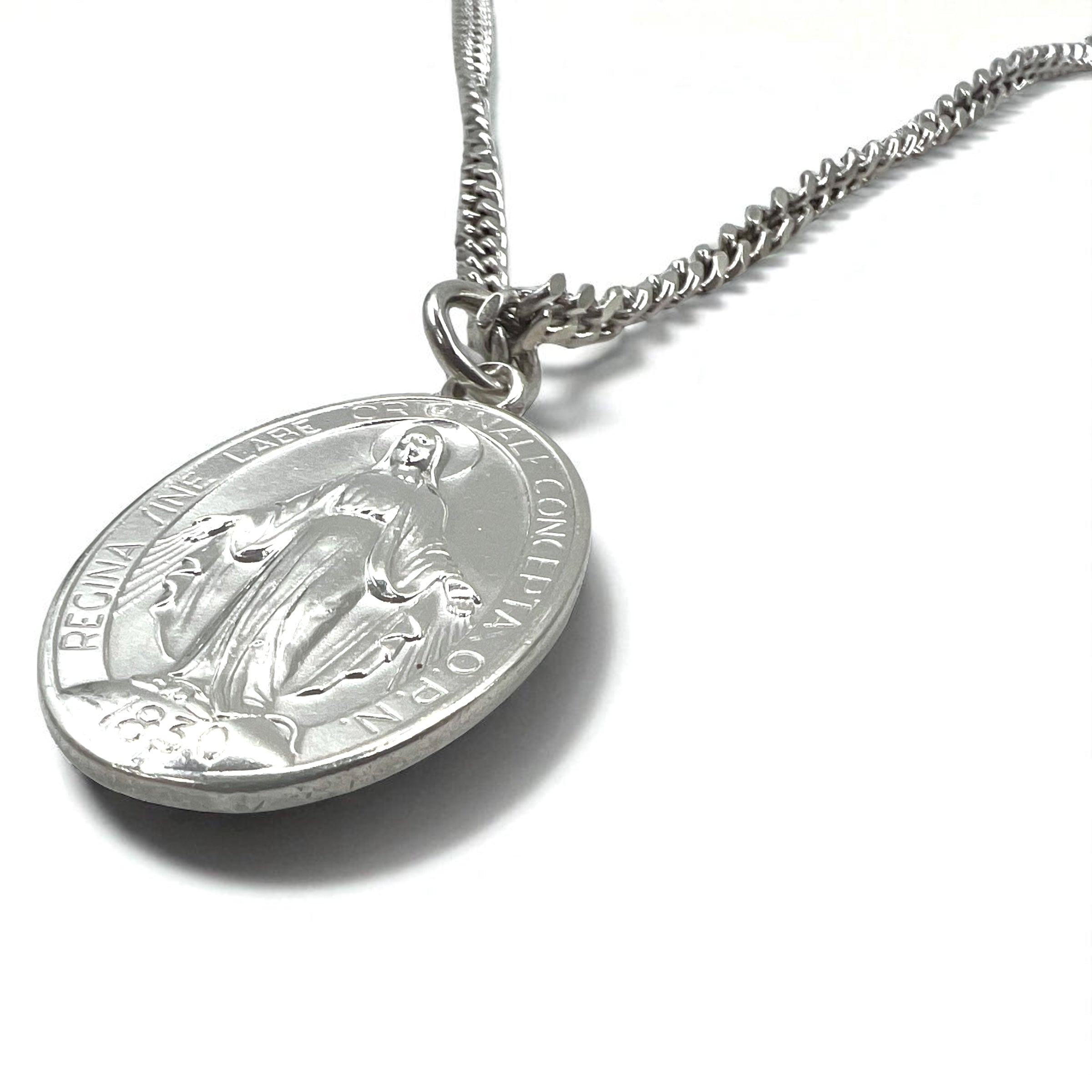 Vintage Virgin Mary Medal Silver Necklace, Virgin Mary Oval Coin Necklace, 925 Silver, Italy, with Curb Chain