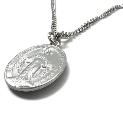 Vintage Virgin Mary Medal Silver Necklace, Virgin Mary Oval Coin Necklace, 925 Silver, Italy, with Curb Chain
