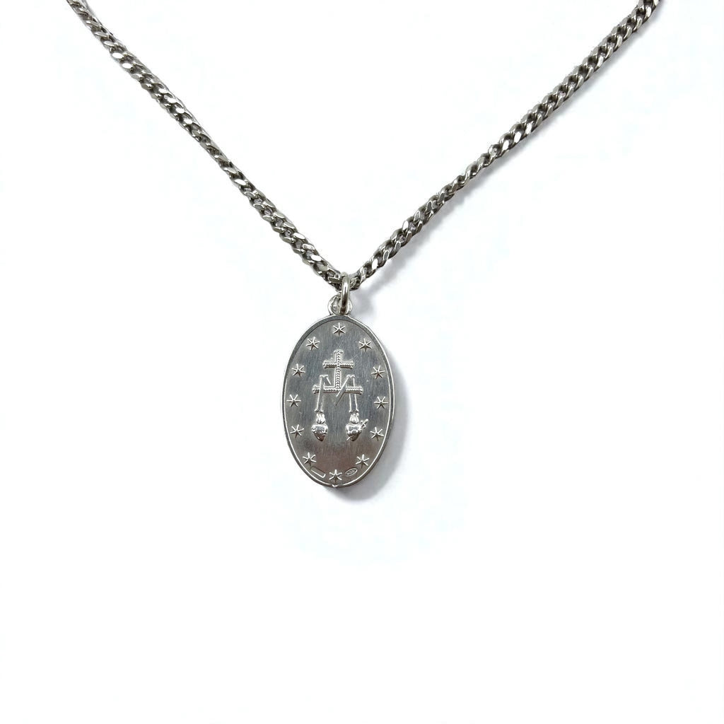 Vintage Virgin Mary Medal Silver Necklace, Virgin Mary Oval Coin Necklace, 925 Silver, Italy, with Curb Chain