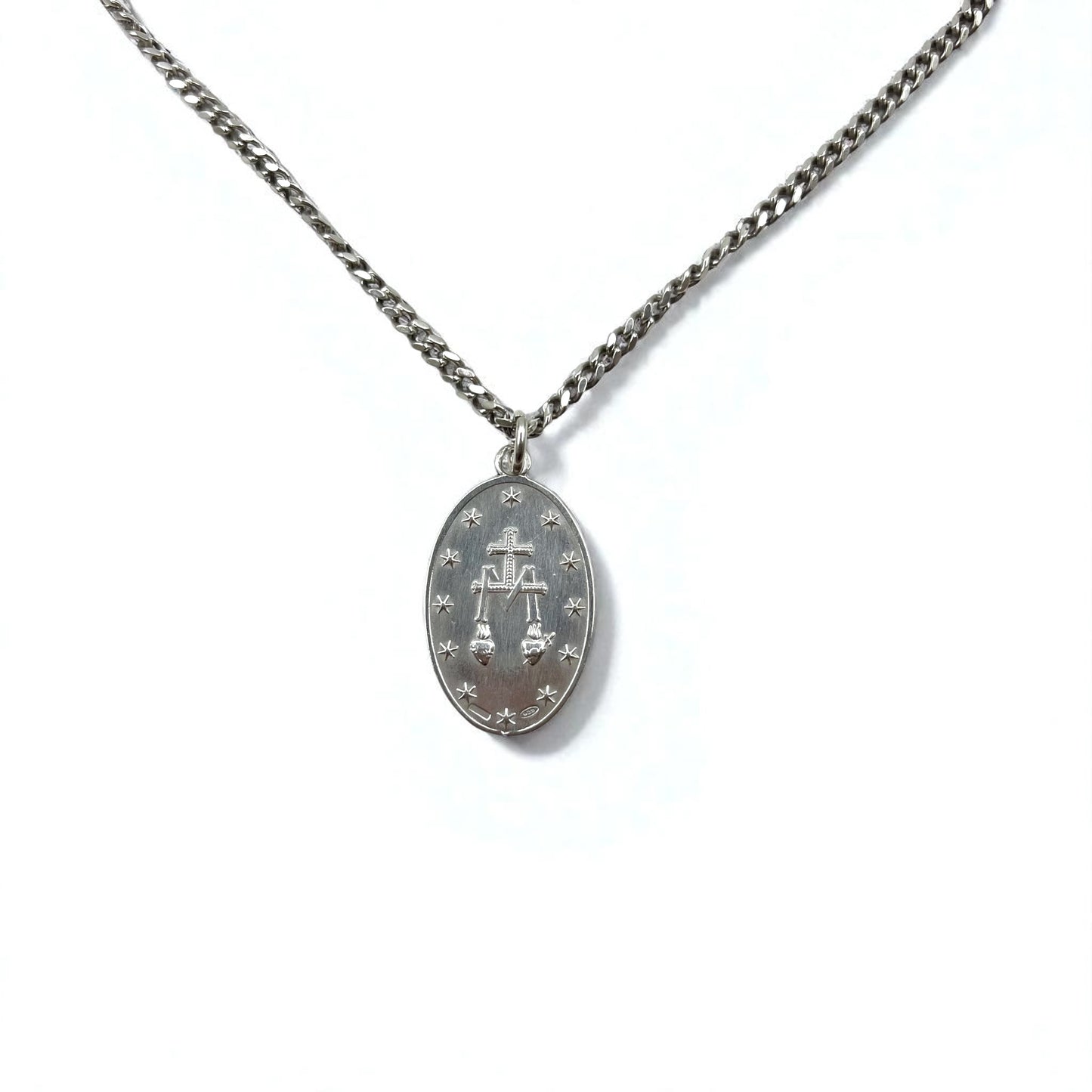 Vintage Virgin Mary Medal Silver Necklace, Virgin Mary Oval Coin Necklace, 925 Silver, Italy, with Curb Chain