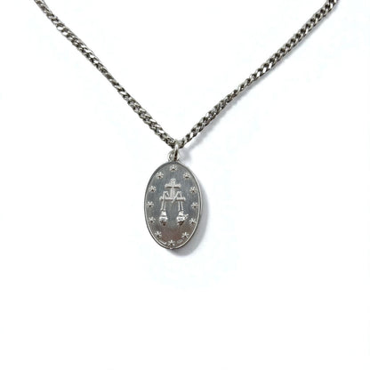 Vintage Virgin Mary Medal Silver Necklace, Virgin Mary Oval Coin Necklace, 925 Silver, Italy, with Curb Chain