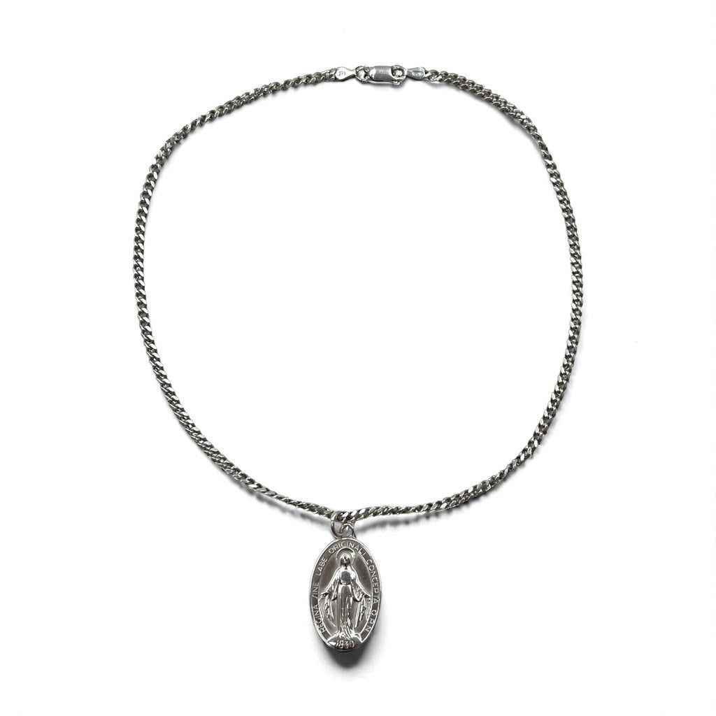 Vintage Virgin Mary Medal Silver Necklace, Virgin Mary Oval Coin Necklace, 925 Silver, Italy, with Curb Chain