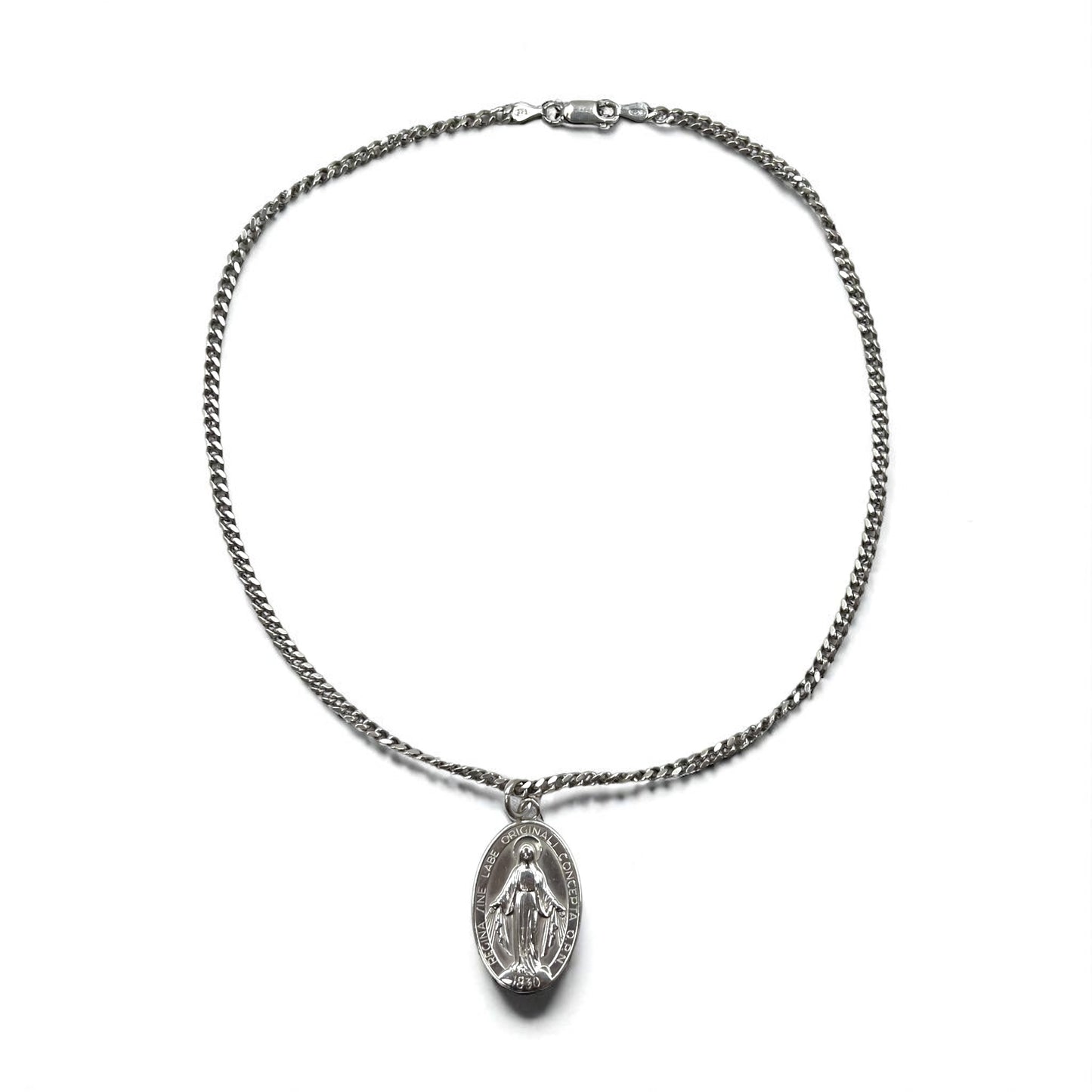 Vintage Virgin Mary Medal Silver Necklace, Virgin Mary Oval Coin Necklace, 925 Silver, Italy, with Curb Chain