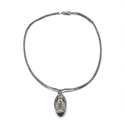 Vintage Virgin Mary Medal Silver Necklace, Virgin Mary Oval Coin Necklace, 925 Silver, Italy, with Curb Chain